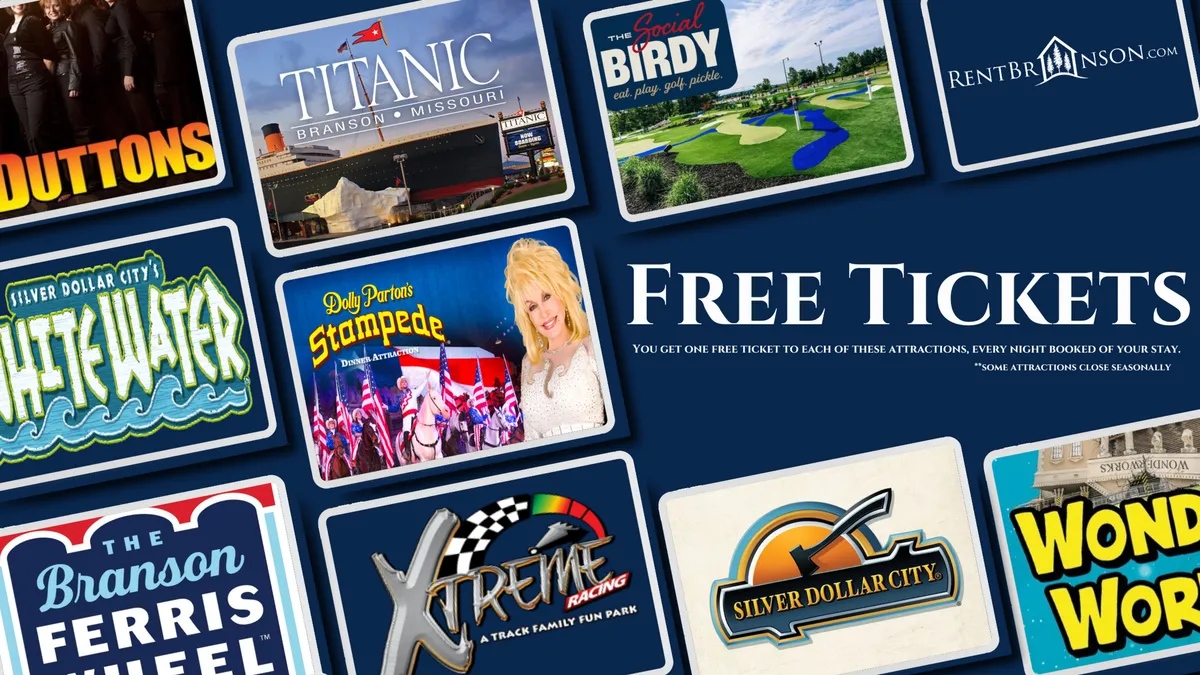 A close-up of various attraction tickets and a playful 'Free Tickets' sign, evoking the excitement of local entertainment and family outings. The vibrant colors and ticket imagery hint at the thrill of nearby attractions like Silver Dollar City.